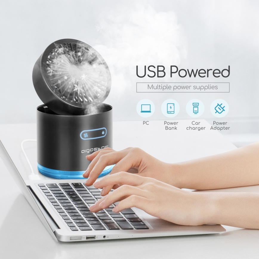 Aigostar - RGB bežični mini stoni ventilator sa maglenim efektom MIST, 10W/5V, 2000mAh, crna