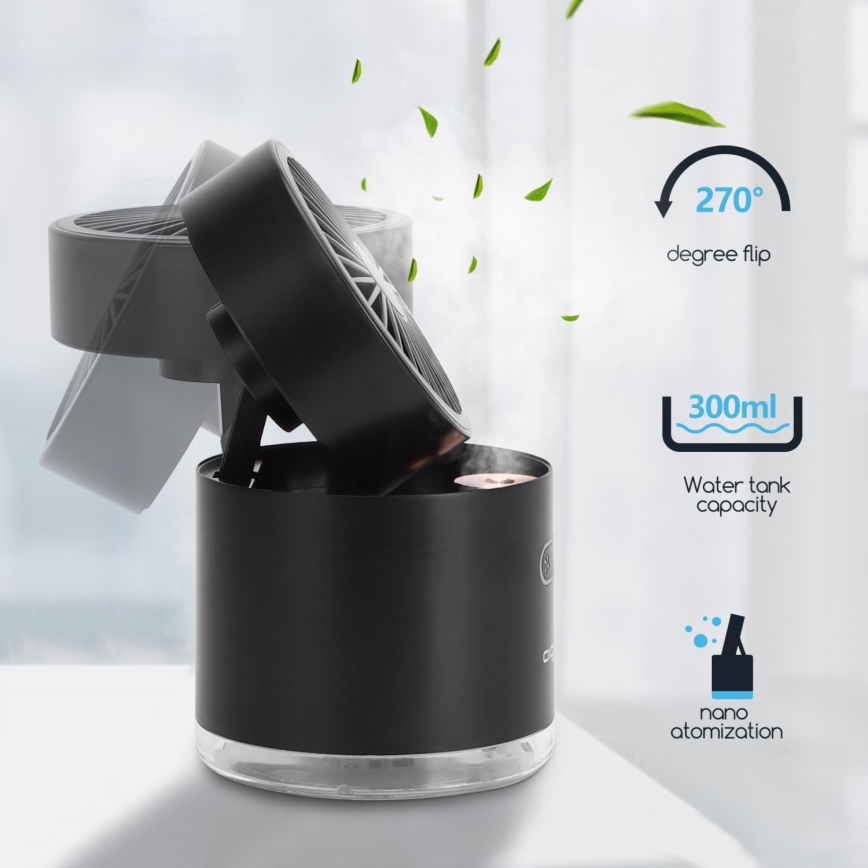 Aigostar - RGB bežični mini stoni ventilator sa maglenim efektom MIST, 10W/5V, 2000mAh, crna