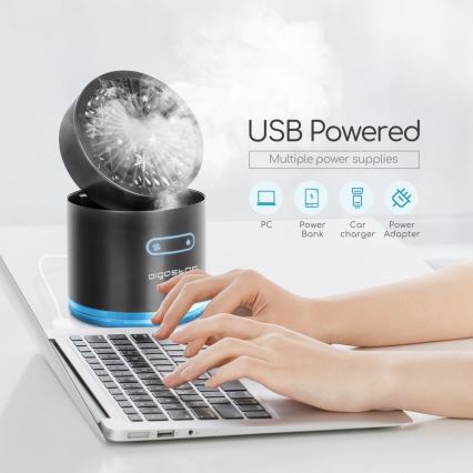 Aigostar - RGB bežični mini stoni ventilator sa maglenim efektom MIST, 10W/5V, 2000mAh, crna