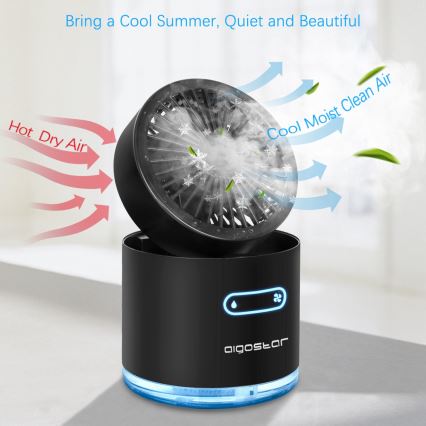Aigostar - RGB bežični mini stoni ventilator sa maglenim efektom MIST, 10W/5V, 2000mAh, crna