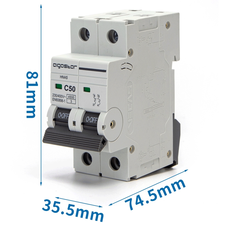 Aigostar - Dvopolni automatski osigurač 2-fazni 2P-50A-C 230-400V