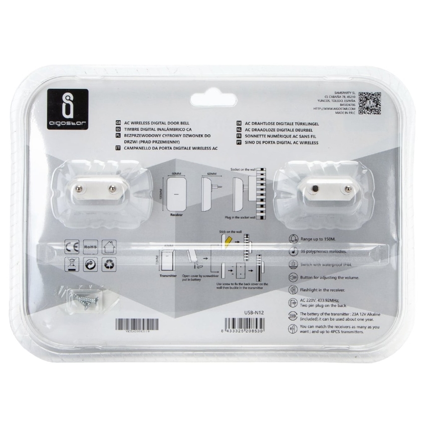 Aigostar - SET 2x Bežični zvonce za utičnicu 230V/12V IP44 belo