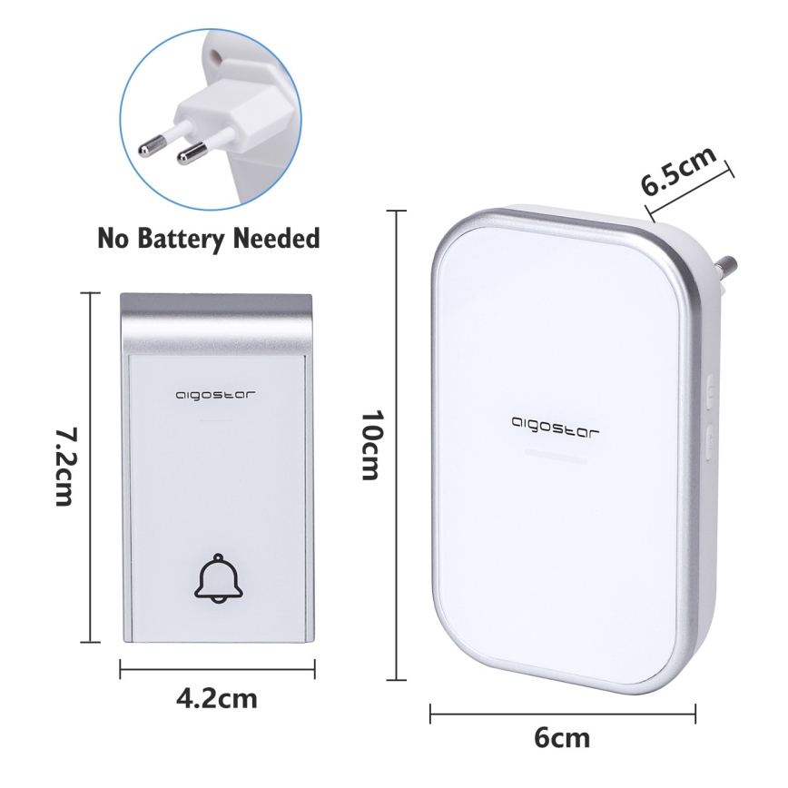 Aigostar - SET 2x Bežični zvonce za utičnicu 230V/12V IP44 belo