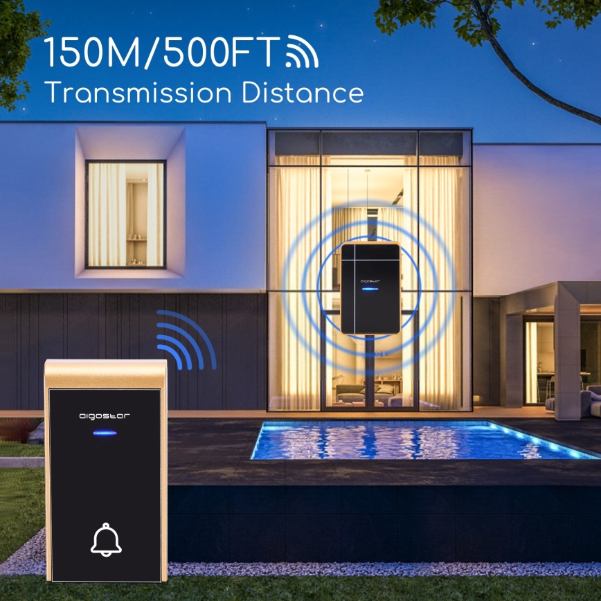 Aigostar - KOMPLET 2x bežična zvona 3xAA/12V IP44 crne boje