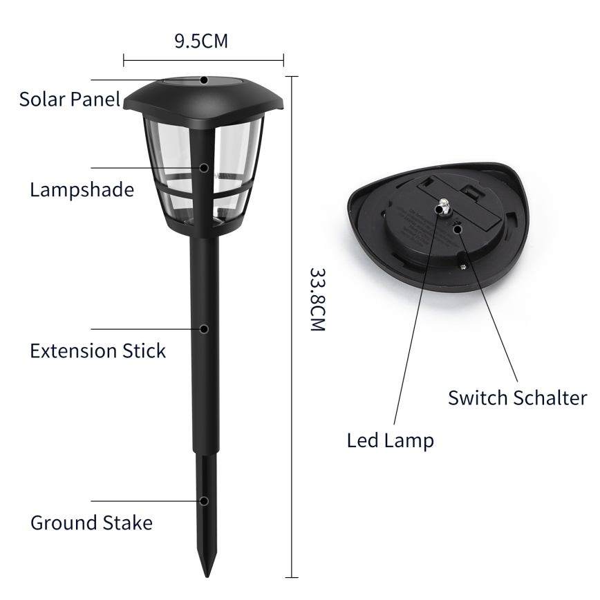 Aigostar - Komplet od 12 solarnih LED lampi LED/0,06W/2V 33,8 cm 6500K 100 mAh IP44 crne