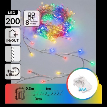 Aigostar - LED božićna girlanda za spoljašnju upotrebu, 200 LED, 8 funkcija, 3xAA, 6,3 m, IP44, višebojna