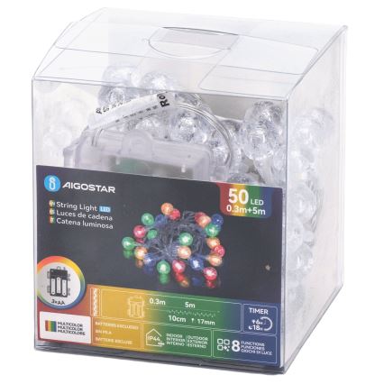 Aigostar - LED božićne lampice za spoljašnju upotrebu 50xLED/8 funkcija 3xAA 5,3m IP44 višebojno