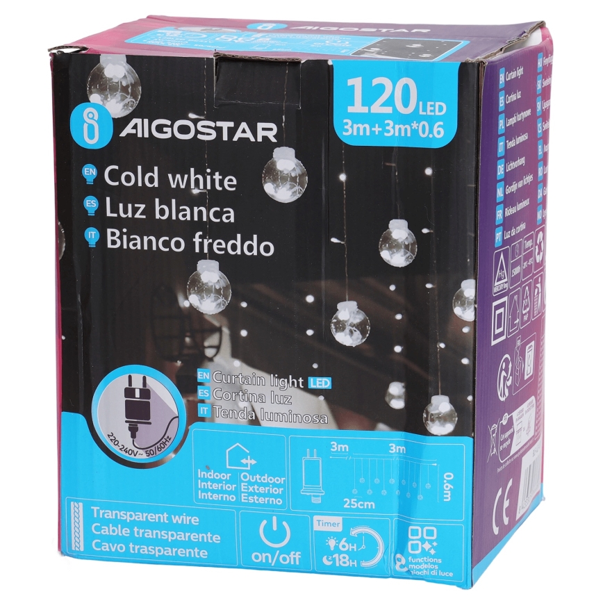 Aigostar - LED spoljni niz 120xLED/8 funkcija 3x0,6m IP44 hladno bela + daljinski upravljač