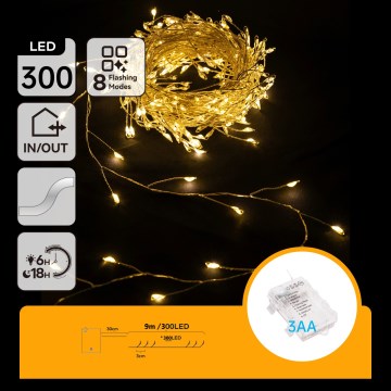 Aigostar - LED božićni niz za spoljašnju upotrebu, 300 LED / 8 funkcija, 3x AA, 9,3 m, IP44, topla bela