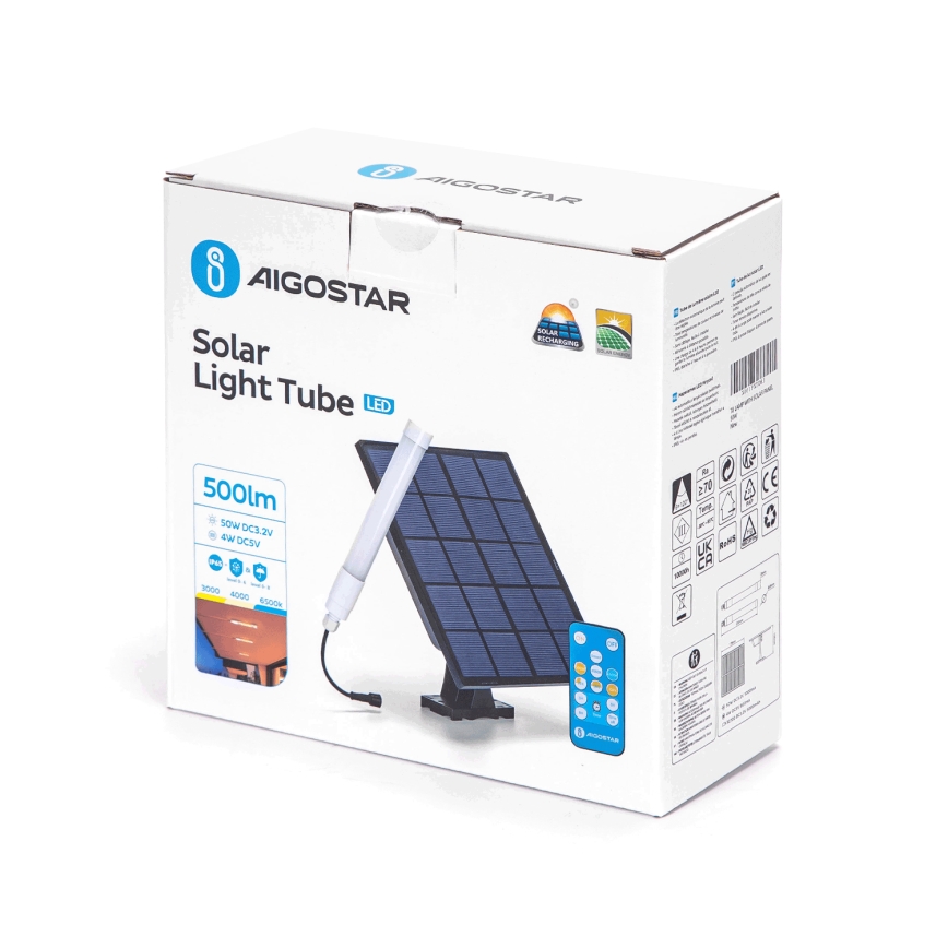 Aigostar - prigušiva LED cev sa solarnim panelom LED/3,2V 3000K/4000K/6500K IP65 5000 mAh + daljinski upravljač