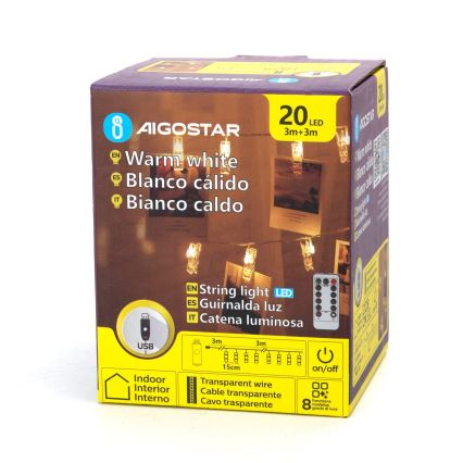 Aigostar - LED dekorativni lanac 20xLED/5W/USB 6 m topla bela