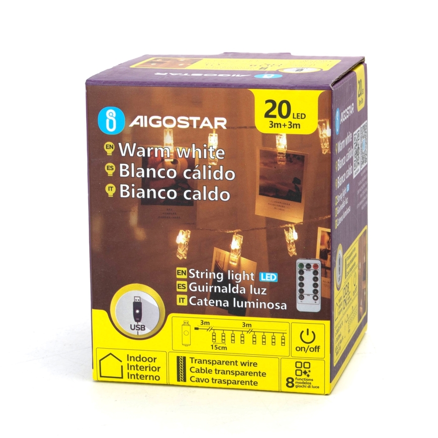 Aigostar - LED dekorativni lanac 20xLED/5W/USB 6 m topla bela