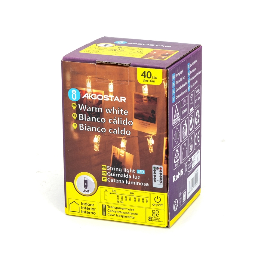 Aigostar - LED dekorativni lanac 40xLED/5W/USB 9 m topla bela
