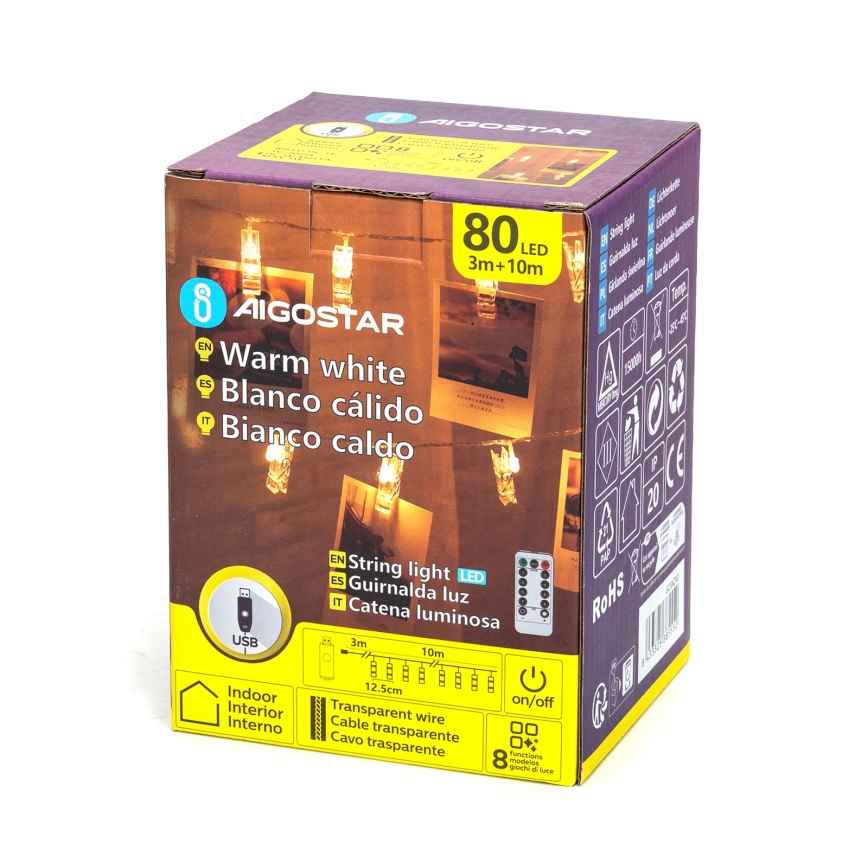 Aigostar - LED dekorativni lanac 80xLED/5W/USB 13 m topla bela