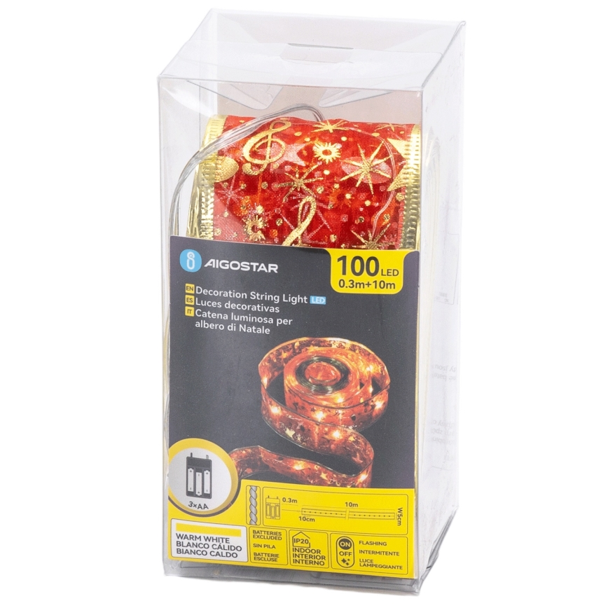 Aigostar - LED lanac 100xLED/3xAA 10 m topla bela crvena