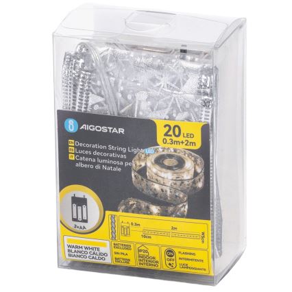 Aigostar - LED lanac 20xLED/3xAA 2 m topla bela srebrna