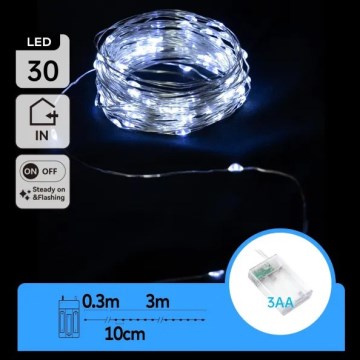 Aigostar - LED lanac 30x LED, napajanje 3x AA, 3,3 m, hladna bela