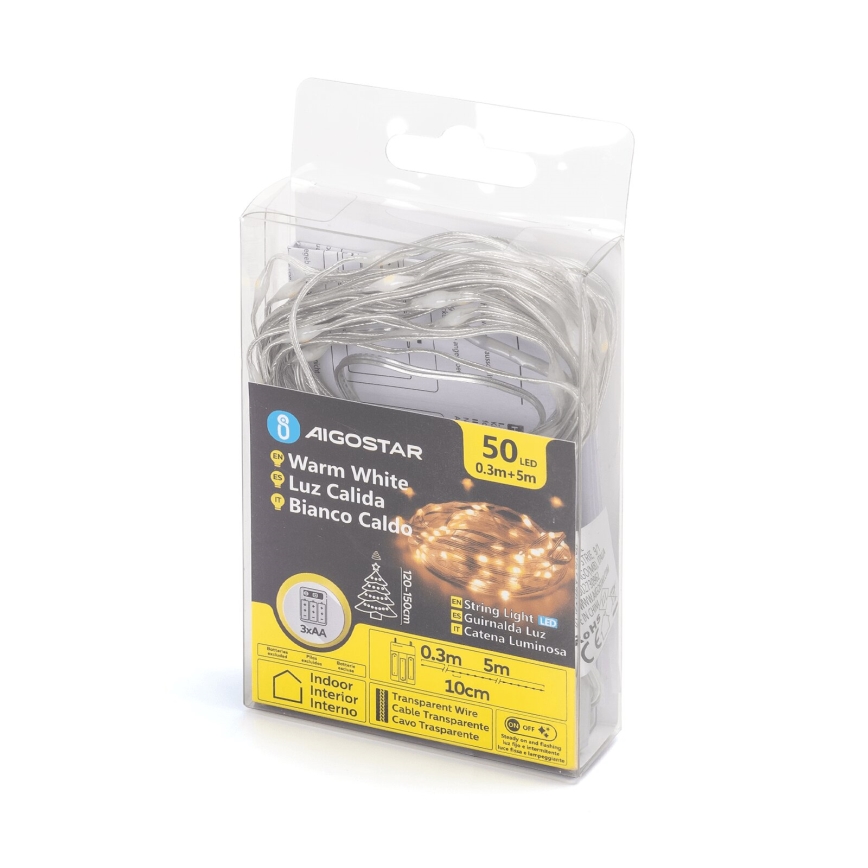 Aigostar - LED lanac 50xLED/3xAA 5,3m topla bela