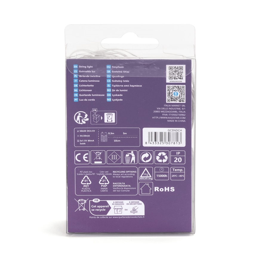 Aigostar - LED lanac 50xLED/3xAA 5,3m topla bela