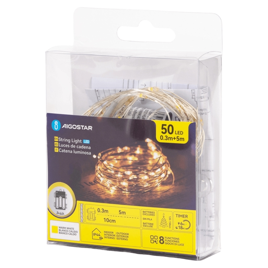 Aigostar - LED Spoljašnji lanac 50xLED/8 funkcija 3xAA 5,3 m topla bela