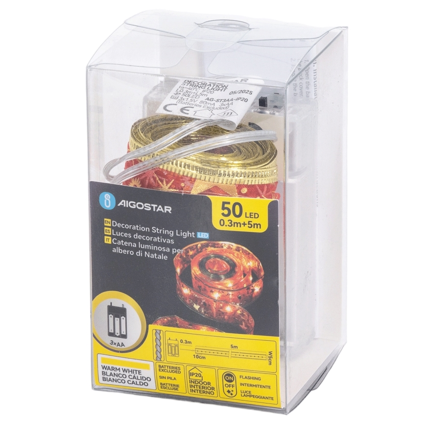 Aigostar - LED lanac 50xLED/3xAA 5m topla bela crvena