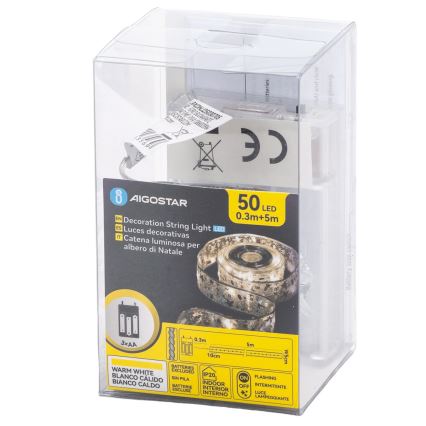 Aigostar - LED lanac 50xLED/3xAA 5 m, topla bela, srebrna