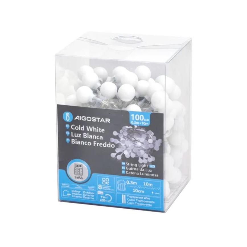 Aigostar - LED spoljašnji svetlosni niz 100xLED/3xAA/8 funkcija 10,3 m IP44 hladno belo