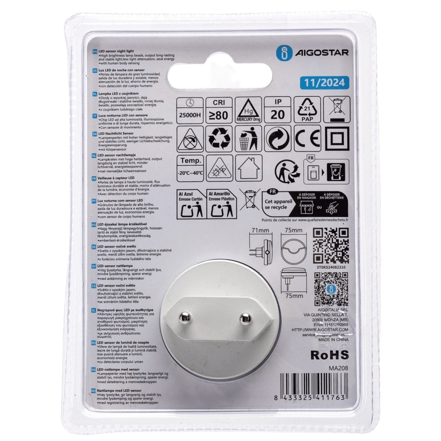 Aigostar - LED noćno svetlo sa senzorom sumraka LED/0,5W/230V 3000K