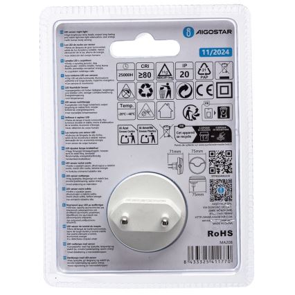 Aigostar - LED noćno svetlo sa senzorom sumraka LED/0,5W/230V 6500K