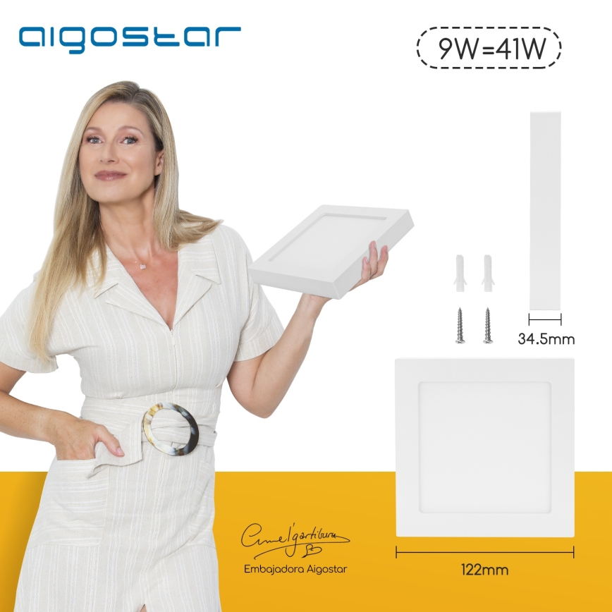 Aigostar - LED plafonsko nadgradno svetlo, 9W, 230V, 4000K, 12,2x12,2 cm, bela