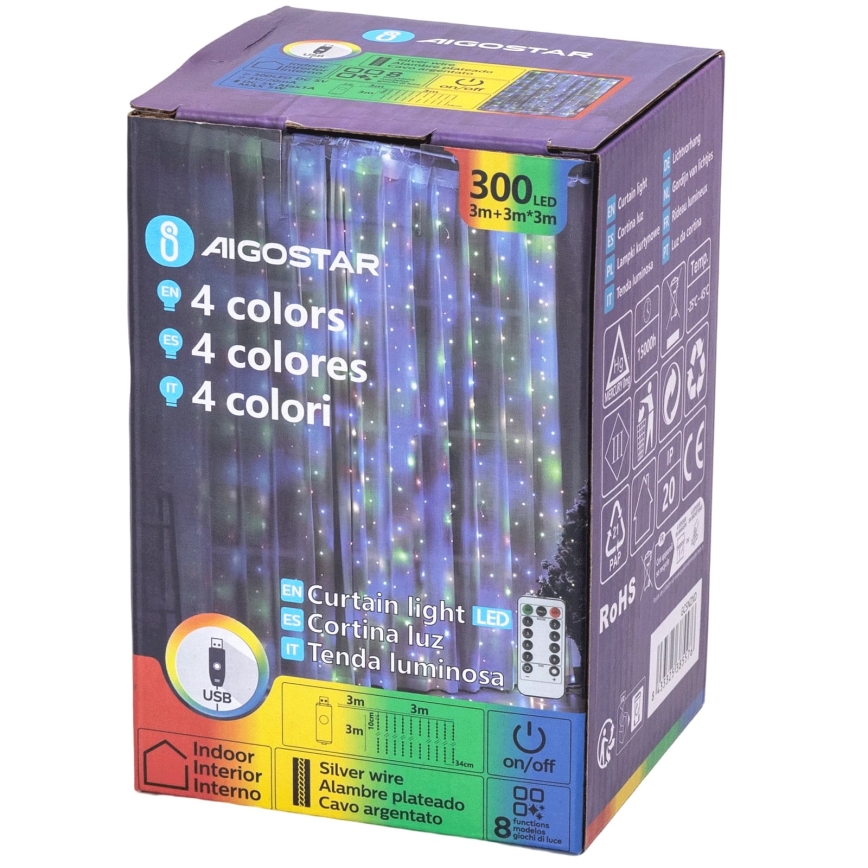 Aigostar - LED prigušiva božićna girlanda 300xLED/8 funkcija USB 6x3m višebojno + daljinsko upravljanje
