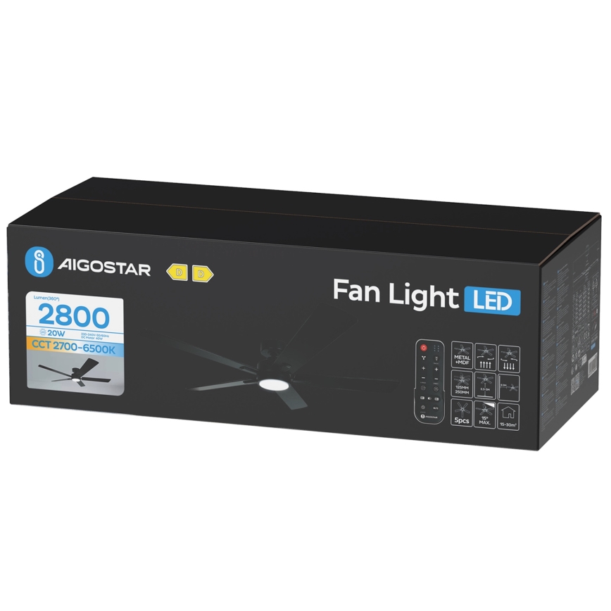 Aigostar - LED prigušiva stropna lampa sa ventilatorom LED/20W/230V 2700-6500K 132cm crna + daljinski upravljač