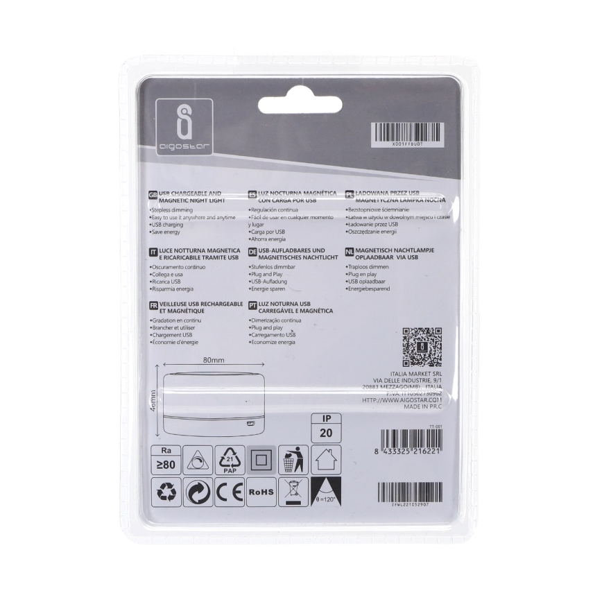 Aigostar - prenosivo noćno LED svetlo, prigušiva, 1W/5V, 6500K + USB