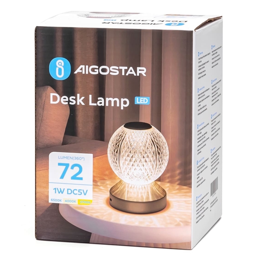 Aigostar - LED prigušiva punjiva stona lampa LED/1W/5V 2700/4000/6500K 1800mAh 13,5 cm