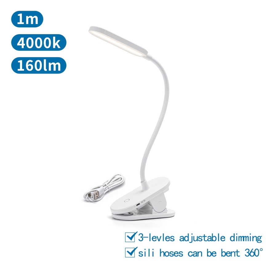 Aigostar - LED prigušiva punjiva stona lampa sa stezaljkom LED/2,5W/5V 1200mAh bela