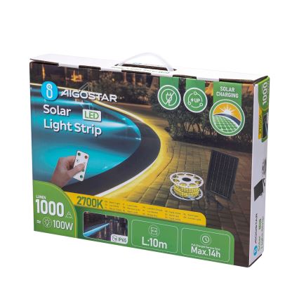 Aigostar - LED prigušiva solarna traka LED/10W/3,2V 10 m 2700K IP65 8000 mAh + daljinski upravljač