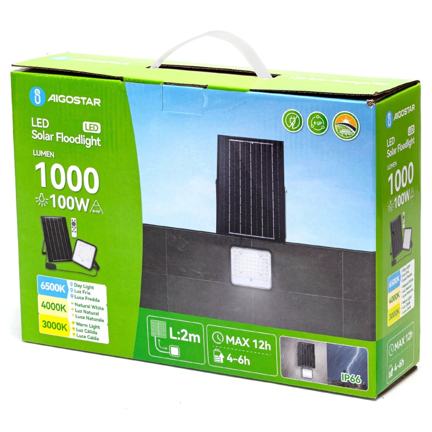 Aigostar - prigušiva LED solarni reflektor LED/100W/3,4V 3000/4000/6500K IP66 8000 mAh + daljinski upravljač