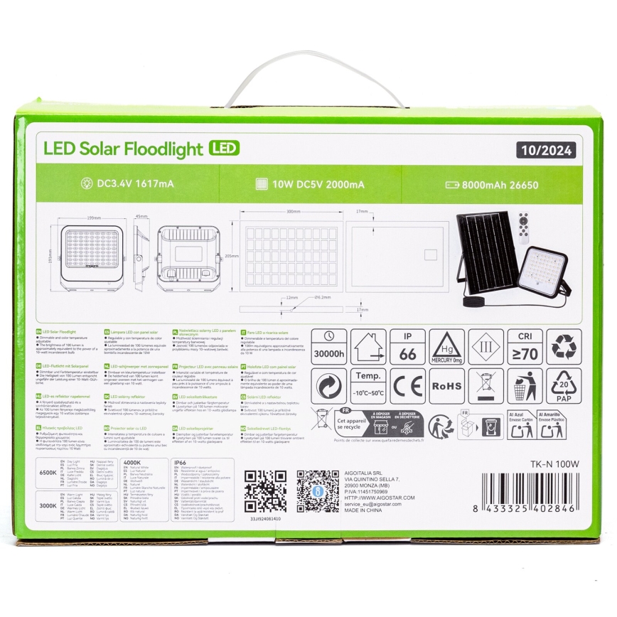 Aigostar - prigušiva LED solarni reflektor LED/100W/3,4V 3000/4000/6500K IP66 8000 mAh + daljinski upravljač
