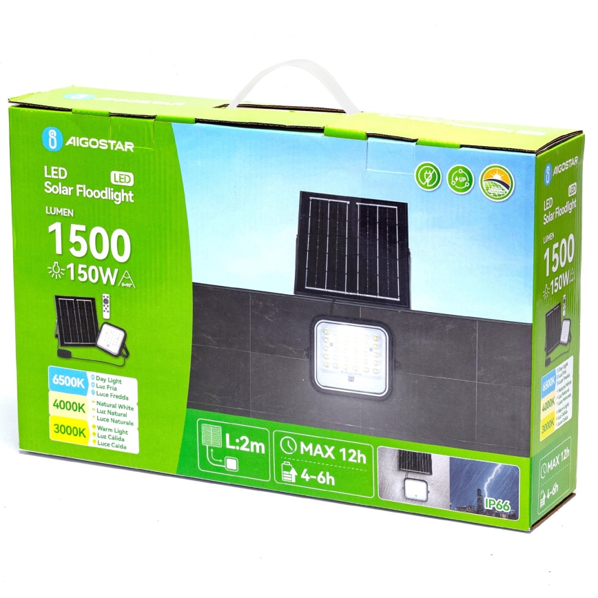 Aigostar - LED prigušiva solarni reflektor LED/150W/3,4V 3000/4000/6500K IP66 12000 mAh + daljinski upravljač