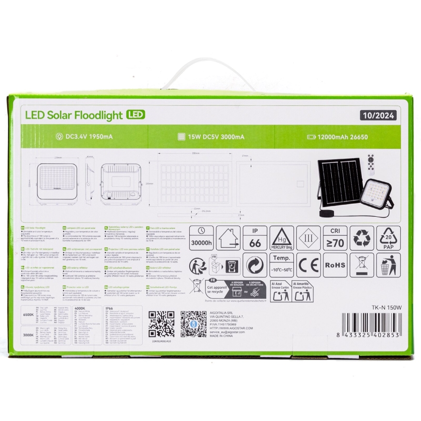 Aigostar - LED prigušiva solarni reflektor LED/150W/3,4V 3000/4000/6500K IP66 12000 mAh + daljinski upravljač