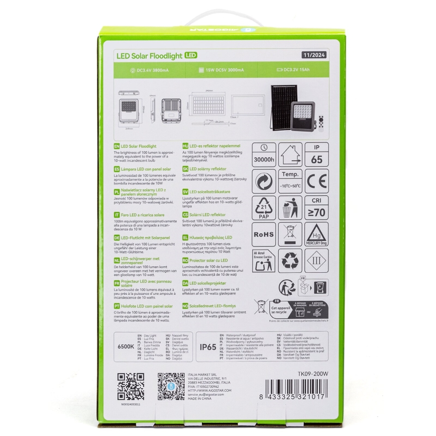 Aigostar - prigušiva LED solarni reflektor LED/200W/3,4V IP65 15000 mAh + daljinski upravljač
