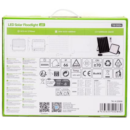 Aigostar - LED prigušiva solarni reflektor LED/200W/3,4V 3000/4000/6500K IP66 16000 mAh + daljinski upravljač