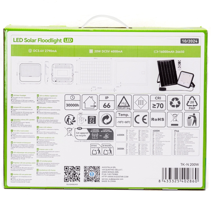 Aigostar - LED prigušiva solarni reflektor LED/200W/3,4V 3000/4000/6500K IP66 16000 mAh + daljinski upravljač
