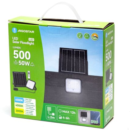 Aigostar - LED prigušiva solarni reflektor LED/50W/3,4V 3000/4000/6500K IP66 4000 mAh + daljinski upravljač