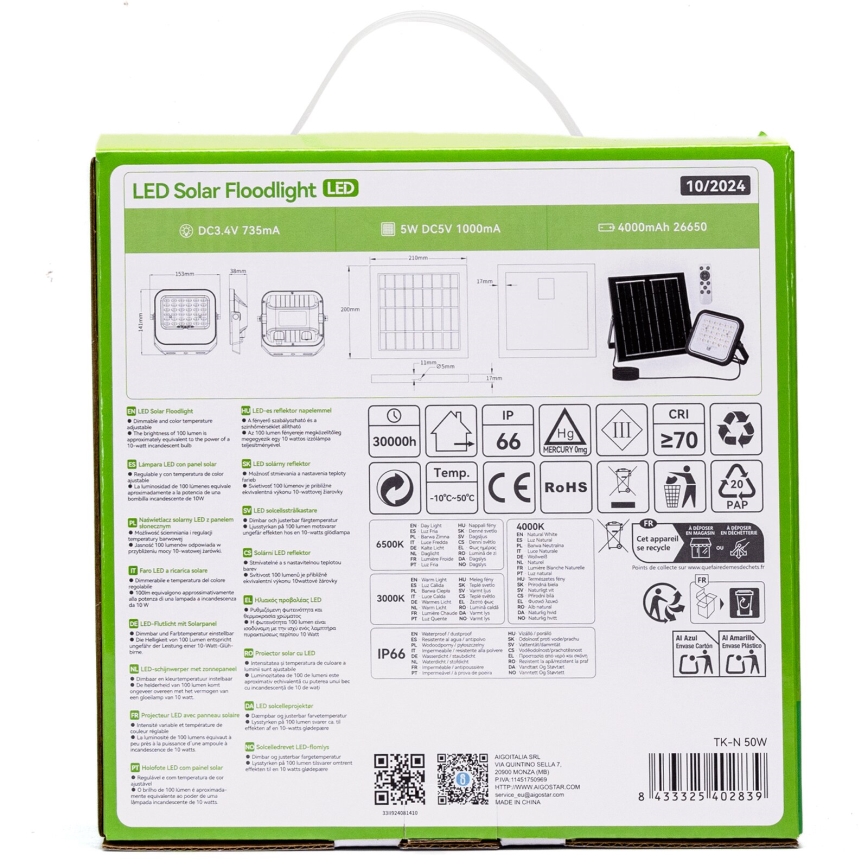 Aigostar - LED prigušiva solarni reflektor LED/50W/3,4V 3000/4000/6500K IP66 4000 mAh + daljinski upravljač