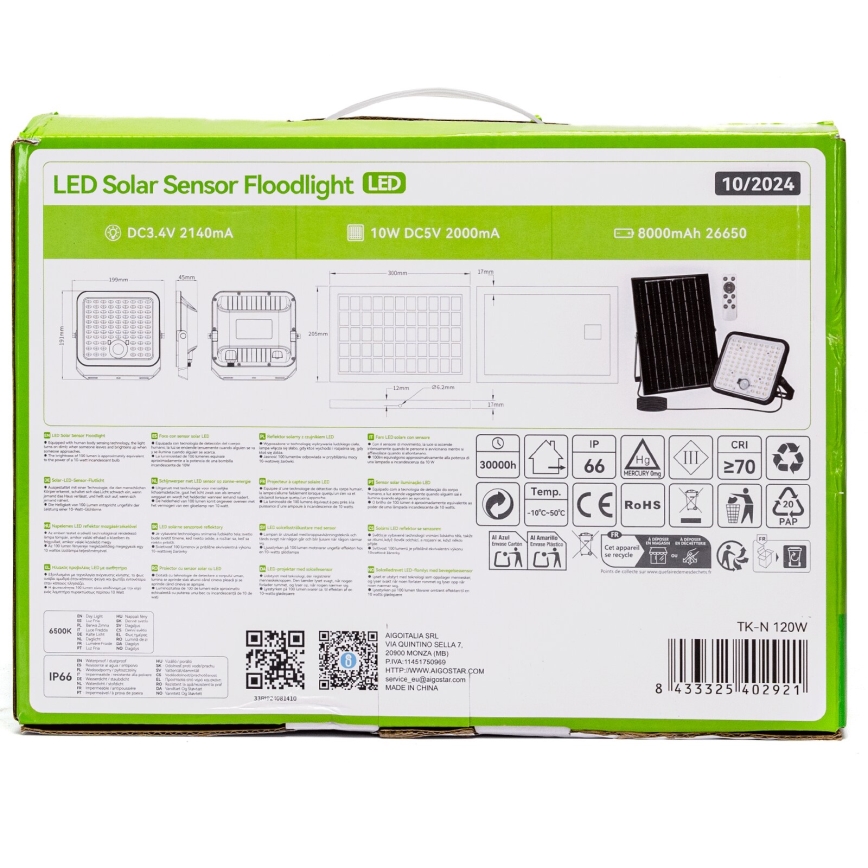Aigostar - LED prigušiva solarni reflektor sa senzorom LED/120W/3,4V 6500K IP66 8000 mAh + daljinski upravljač