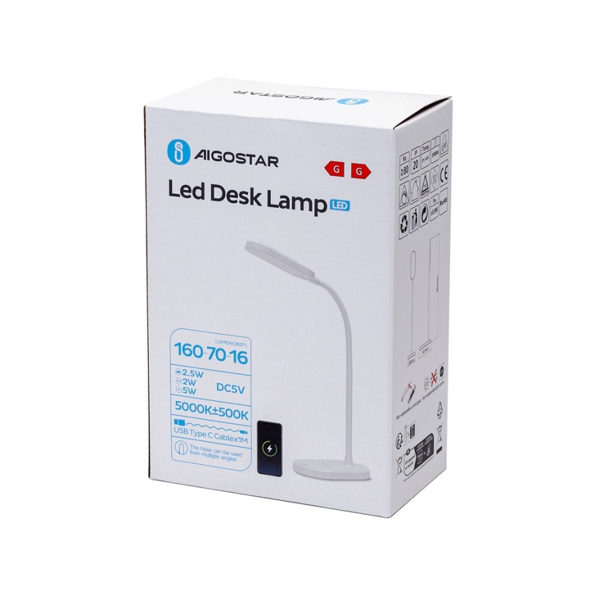 Aigostar - LED prigušiva stona lampa sa bežičnim punjenjem LED/2,5W/5V bela