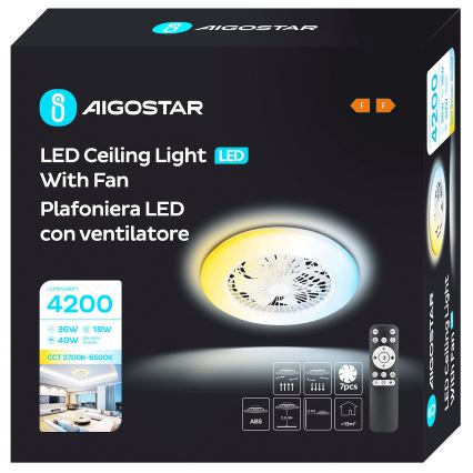 Aigostar - LED prigušiva stropni ventilator LED/40W/230V 2700-6500K preč. 49 cm + daljinski upravljač bela