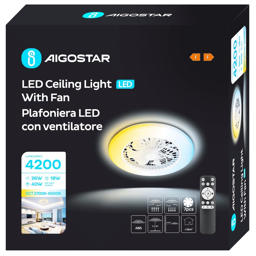Aigostar - LED prigušiva stropni ventilator LED/40W/230V 2700-6500K preč. 49 cm + daljinski upravljač bela
