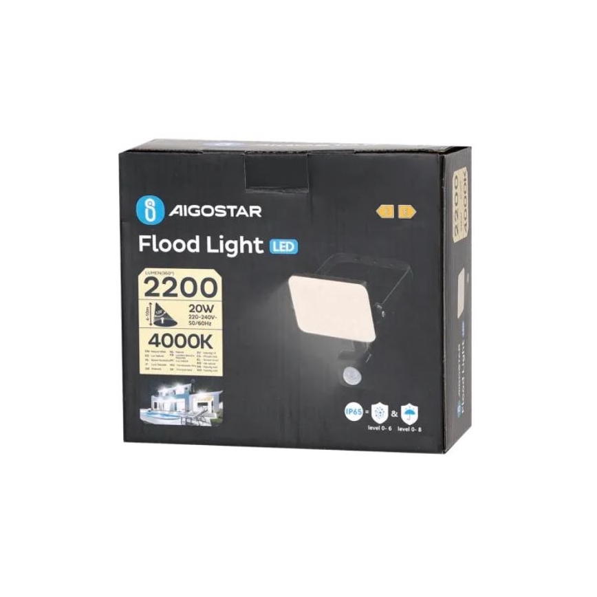 Aigostar - LED reflektor sa senzorom LED/20W/230V 4000K IP65, crne boje